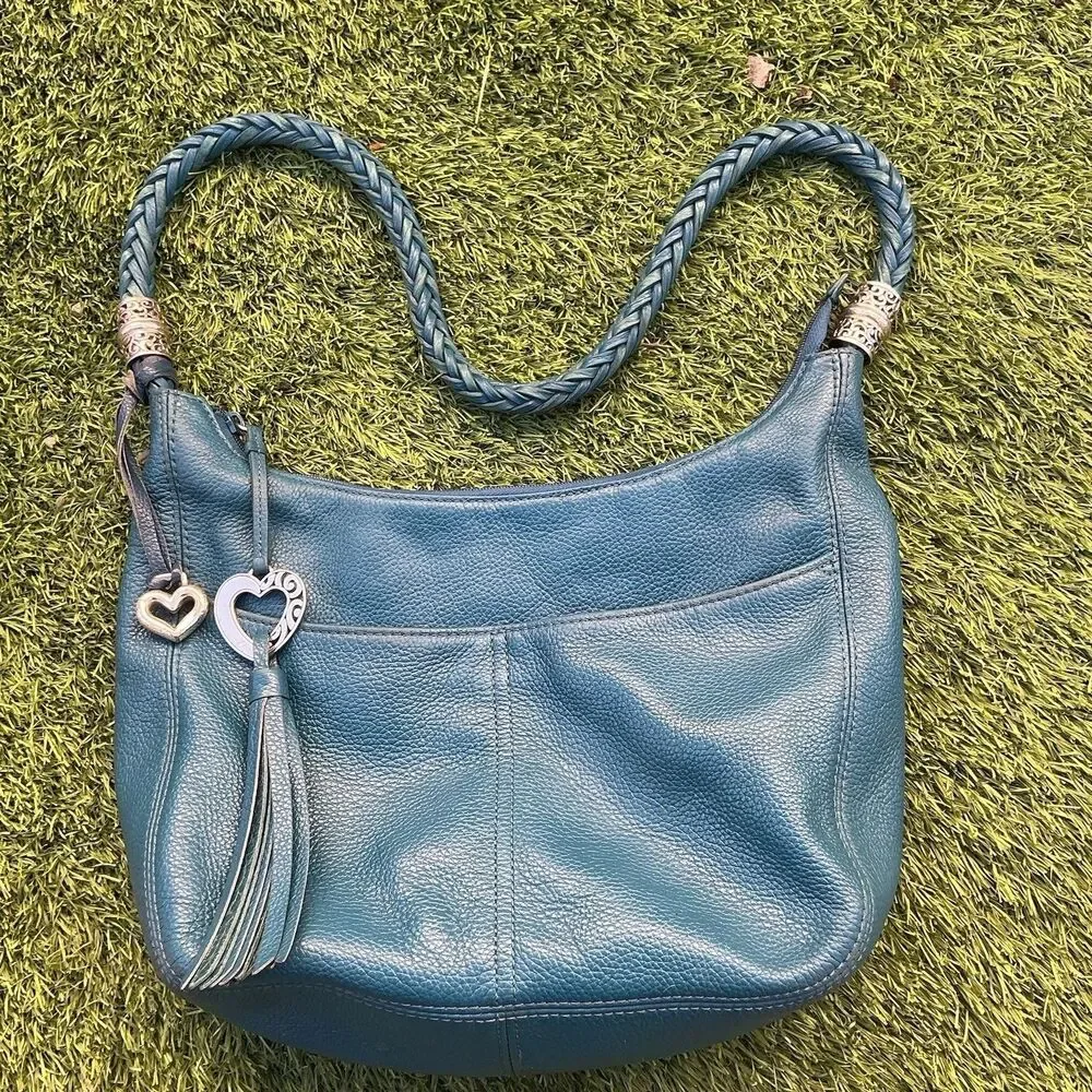 Brighton Blue Leather Hobo Shoulder Bag Braided Strap Heart Tassel Purse